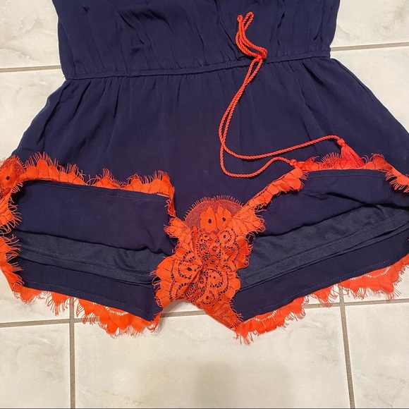 - Umgee romper. Navy Blue with lace orange, Size M, 3/4 sleeves. - Picture 4 of 11